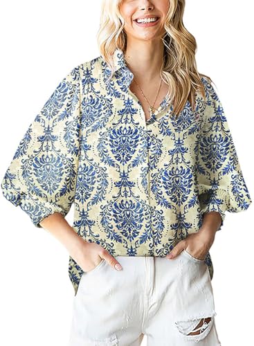 AELSON Damen Casual Boho Tops Blumendruck V-Ausschnitt Langarm Bluse Button Down Shirts, 0-Beige, Mittel von AELSON