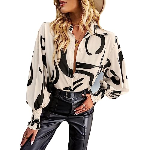 AELSON Damen Casual Boho Tops Blumendruck V-Ausschnitt Langarm Bluse Button Down Shirts, aprikose, Klein von AELSON
