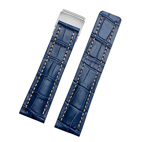 AEMALL Echtes Lederarmband für Breitling Uhrenarmband aus Rindsleder mit Faltschließe 22 mm 24 mm Uhrenarmbänder (Farbe: 01 blau silber, Größe: 24 mm) von AEMALL