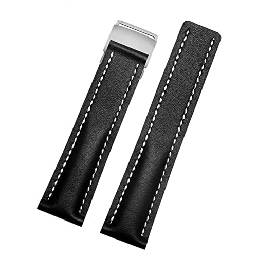 AEMALL Echtes Lederarmband für Breitling Uhrenarmband aus Rindsleder mit Faltschließe 22 mm 24 mm Uhrenarmbänder (Farbe: 02 schwarz silber, Größe: 24 mm) von AEMALL