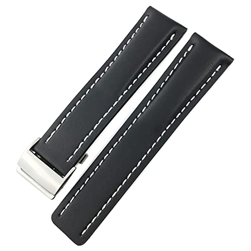 AEMALL Für Breitling Premier Navitimer Schwarz Blau Braun Faltschließe Weiches Rindsleder Uhrenarmband 22 mm 24 mm Echtes Leder Armband (Farbe: Schwarz Weiß, Größe: 22 mm) von AEMALL