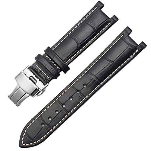 AEMALL Uhrenarmband aus echtem Leder für GC, 22 x 13 mm, 20 x 11 mm, gekerbtes Armband mit Edelstahl-Schmetterlings-Schnalle, Herren- und Damen-Uhrenarmband (Farbe: Schwarz-Weiß-Silv, Größe: 20–11 mm) von AEMALL