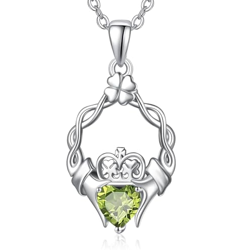 AENEAS Irische Claddagh-Halskette August Geburtsstein Sterling-Silber Keltischer Knoten-Anhänger mit Kleeblatt-Peridot-Händen, die ein Herz halten, Schmuckgeschenke für Frauen von AENEAS