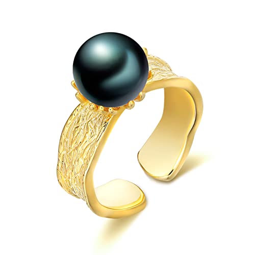 AENEAS Schwarz Perle Ring Sterling Silber Gold Schwarz Perle Ringe für Frauen Süßwasser Gold Perle Ring Schmuck Geschenke für Frauen von AENEAS