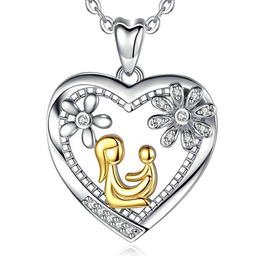 AEONSLOVE 925 Sterling Silber Kette für Mutter Geschenke für Mama Mutter Tochter Herz Anhänger Mutter Tochter Schmuck Muttertags Halskette, 45,7 CM Kette von AEONSLOVE