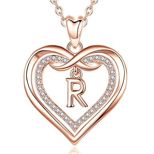 AEONSLOVE Buchstaben Kette Kupfer Rosegold Herz R Buchstaben Anhänger Halskette mit Namen Namenskette Damen Frauen Mädchen Initialen Alphabet Schmuck Geschenk von AEONSLOVE