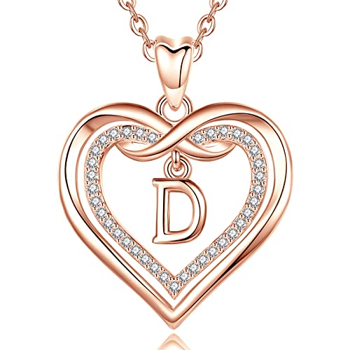 AEONSLOVE Buchstaben Kette Rosegold Kupfer Herz Buchstaben Anhänger Halskette mit Namen D Namenskette Damen Frauen Mädchen Initialen Alphabet Schmuck Geschenk von AEONSLOVE