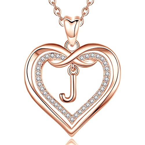 AEONSLOVE Buchstaben Kette Rosegold Kupfer Herz Buchstaben Anhänger Halskette mit Namen J Namenskette Damen Frauen Mädchen Initialen Alphabet Schmuck Geschenk von AEONSLOVE