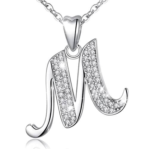 AEONSLOVE Damen Buchstaben Kette Silber Halskette Buchstabe M Kette Mit Buchstaben Brief des Alphabets Initiale Anhänger mit Zirkonia Schmuck Geschenk für Mädchen von AEONSLOVE