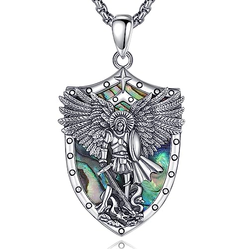 AEONSLOVE Erzengel Michael Anhänger Silber 925 für Damen Herren Heiliger Michael Medaille Kette Saint Michael Archangel Amulett Halskette Abalone-Muschel Katholische Schmuck Religiöse Geschenk von AEONSLOVE