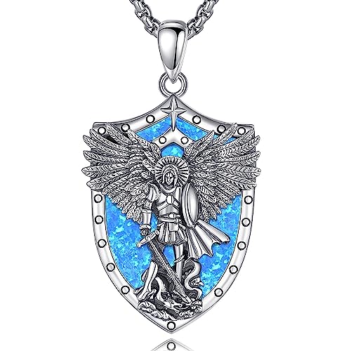 AEONSLOVE Erzengel Michael Halskette Silber 925 für Damen Herren Heiliger Michael Medaille Anhänger Opal Saint Michael Archangel Amulett Kette Katholische Schmuck Religiöse Geschenk von AEONSLOVE