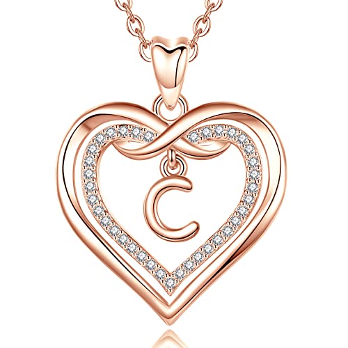 AEONSLOVE Kette mit Buchstaben C Namen Halskette Damen Kupfer Rosegold Herz Initialen Anhänger mit Zirkonia Alphabet Charm Schmuck für Frauen Mädchen, 45,7 cm Kette von AEONSLOVE
