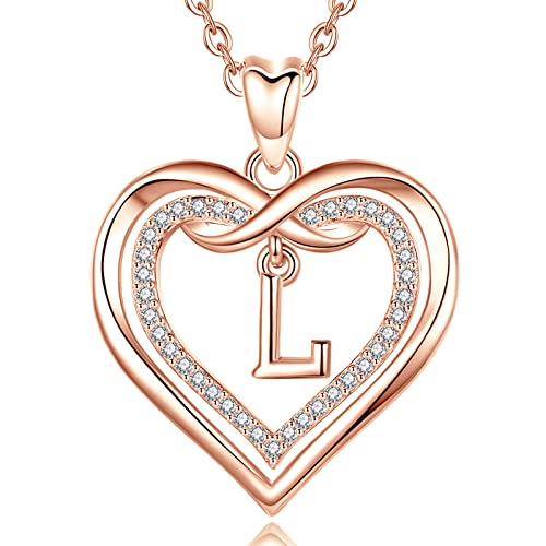 AEONSLOVE Kette mit Buchstaben L Namen Halskette Damen Rosegold Kupfer Herz Initialen Anhänger mit Zirkonia Alphabet Charm Schmuck für Frauen Mädchen, 45,7 cm Kette von AEONSLOVE