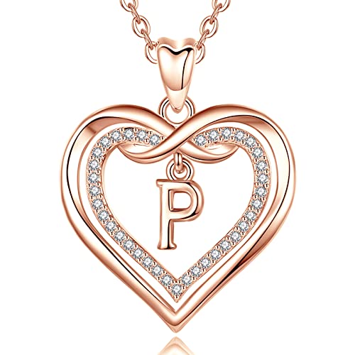 AEONSLOVE Kette mit Buchstaben P Namen Halskette Damen Kupfer Rosegold Herz Initialen Anhänger mit Zirkonia Alphabet Charm Schmuck für Frauen Mädchen, 45,7 cm Kette von AEONSLOVE