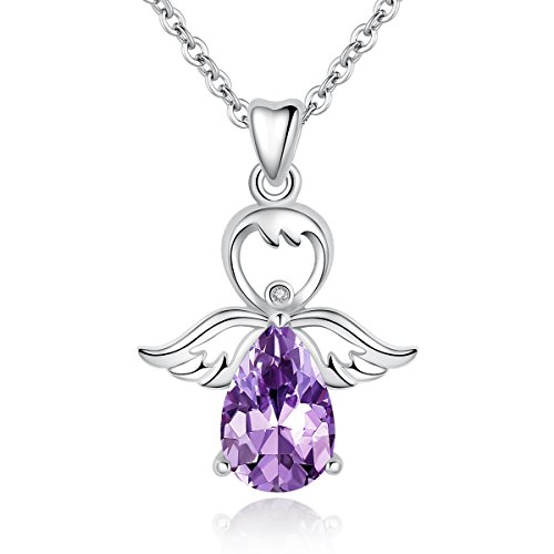 AEONSLOVE Schutzengel Anhänger Kette Damen Silber Halskette Mit Engelsflügel Glücksbringer Engel Flügel Amethyst Crystal CZ Schmuck Geschenke für Mädchen Mutter Tochter Kinder Frauen von AEONSLOVE