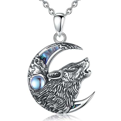 AEONSLOVE Wolf Kette Damen Herren Mond Halskette mit Mondstein Wikinger Wolf Halskette Damen Silber 925 Nordische Mythologie Amulett Anhänger Odin Schmuck Geschenke Männer Frauen von AEONSLOVE