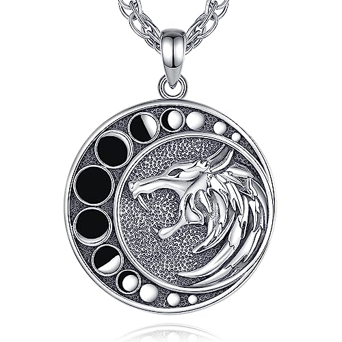 AEONSLOVE Wolf Kette Wikinger Halskette Nordisch Amulett Kette Silber 925 Herren Damen Männer Frauen Wikinger Wolf Talisman Anhänger mit Mond Wikinger Nordischer Fenrir Schmuck von AEONSLOVE