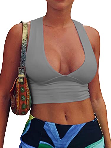 AEPEBO Sexy Crop Tops für Frauen Tiefer V-Ausschnitt Rückenausschnitt Ärmellos Plunge Racerback Tank Cropped Top, Grau, Mittel von AEPEBO