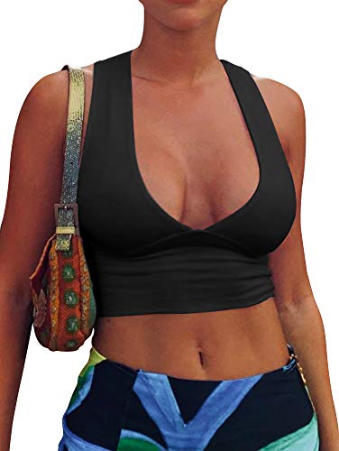 AEPEBO Sexy Crop Tops für Frauen Tiefer V-Ausschnitt Rückenausschnitt Ärmellos Plunge Racerback Tank Cropped Top, Schwarz, Groß von AEPEBO