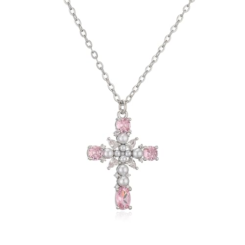 AEQEHVC Perlenkreuz-Anhänger Halskette, Vintage rosa grüner Stein, exquisite und vielseitige Halskette, die zu jedem Stil getragen werden kann, Einstellbar, Zirkonia von AEQEHVC