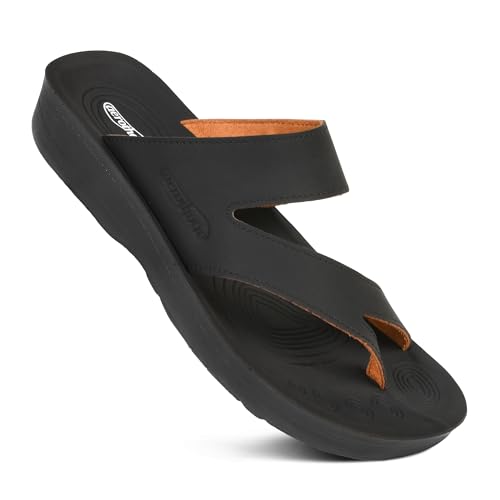 AEROTHOTIC Bequeme Flip-Flops mit Fußgewölbeunterstützung für Damen, geteilter Zehenbereich, stilvoll, gepolsterter Riemen mit rutschfestem Fußbett, elegante Sandalen für drinnen und draußen, Odal von AEROTHOTIC