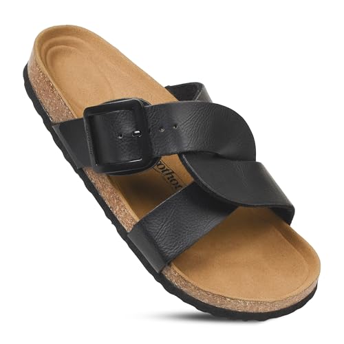 AEROTHOTIC Kork Recovery Slides für Damen mit Plantarfasziitis-Entlastung, bequemes Wildleder-Fußbett mit verstellbarer Schnalle, Kreuzriemen, Slipper, Freizeit, Reisen, Wandern, Strand von AEROTHOTIC