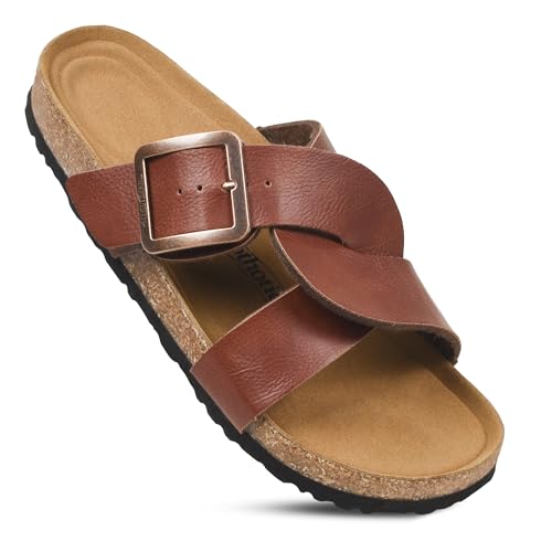 AEROTHOTIC Kork Recovery Slides für Damen mit Plantarfasziitis-Entlastung, bequemes Wildleder-Fußbett mit verstellbarer Schnalle, Kreuzriemen, Slipper, Freizeit, Reisen, Wandern, Strand von AEROTHOTIC