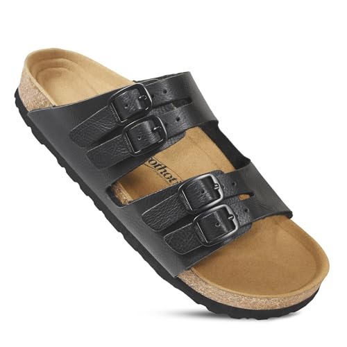 AEROTHOTIC Kork Recovery Slides für Damen mit Plantarfasziitis-Entlastung, bequemes Wildleder-Fußbett mit verstellbarer Schnalle, Kreuzriemen, Slipper, Freizeit, Reisen, Wandern, Strand von AEROTHOTIC