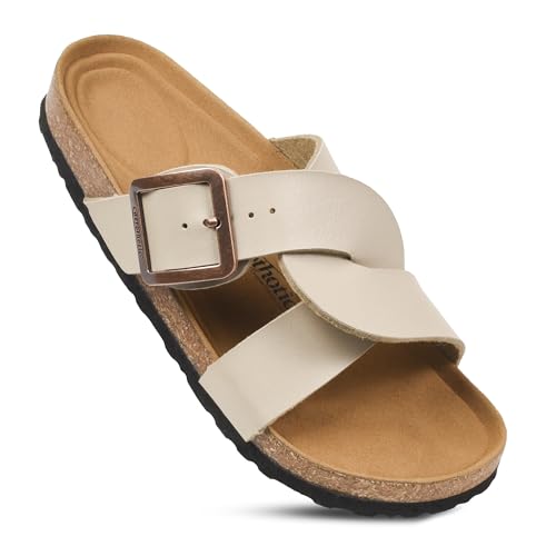 AEROTHOTIC Kork Recovery Slides für Damen mit Plantarfasziitis-Entlastung, bequemes Wildleder-Fußbett mit verstellbarer Schnalle, Kreuzriemen, Slipper, Freizeit, Reisen, Wandern, Strand von AEROTHOTIC