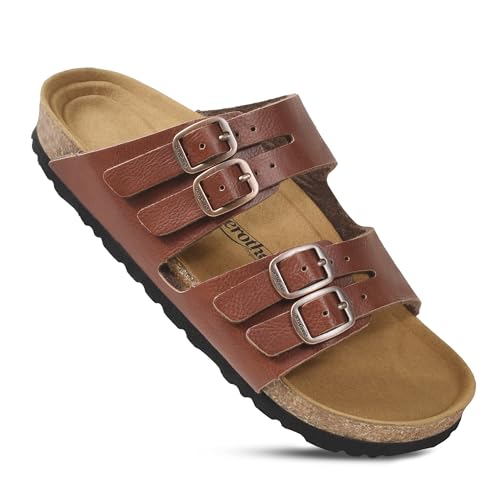AEROTHOTIC Kork Recovery Slides für Damen mit Plantarfasziitis-Entlastung, bequemes Wildleder-Fußbett mit verstellbarer Schnalle, Kreuzriemen, Slipper, Freizeit, Reisen, Wandern, Strand von AEROTHOTIC