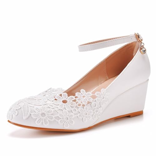 Damen Brautschuhe, 5 CM Elegante Spitzenblumen-Sandalen mit Keilschnalle, Hochzeit, Party, Geburtstag, Abend, Alltag, Büro, Brautpumps, 41 EU,White von AERXHF