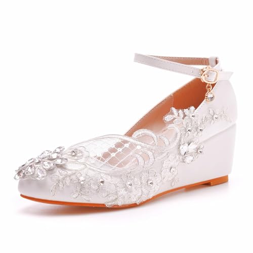 Damen Brautschuhe, 5 cm glänzende Strass-Mesh-Blumen-Keilschnallen-Sandalen, Hochzeit, Party, Geburtstag, Abend, Alltag, Büro, Brautpumps, 37 EU,White von AERXHF