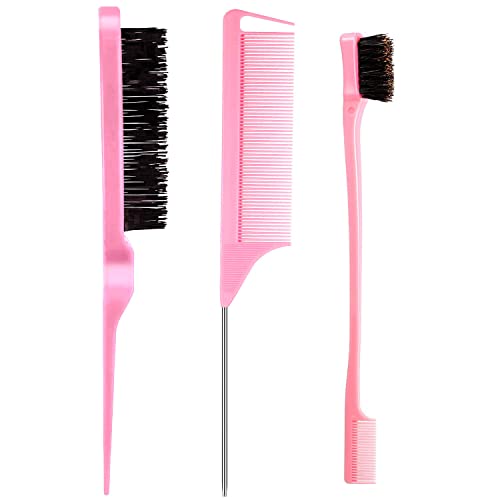 3-teiliges Borstenhaarbürsten-Set – Dual-Edge-Stylingbürste, 3-reihige Teasing-Bürste und stabiler Scheitelkamm zum Bürsten, Zupfen von Haaren für Stylisten und Frauen (Rosa) von AESIFR