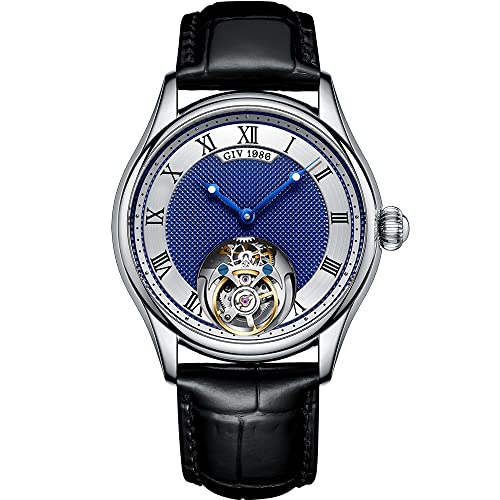 GIV Tourbillon Herrenuhren Mechanische Armbanduhren Luxus Skeleton Handaufzug Analoge Armbanduhren Saphirglas Wasserdichtes Kleid Elegante Uhr mit echtem Lederarmband (Silber und Blau T09) von Aesop