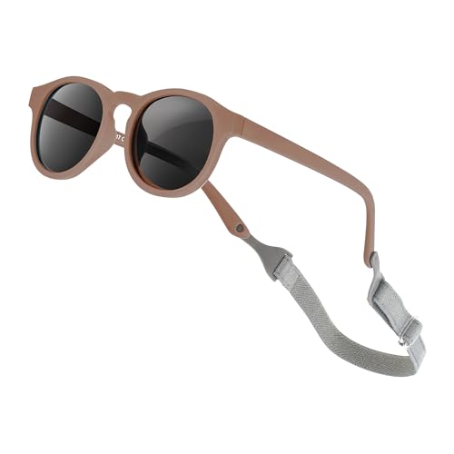 AEUNIV Baby Sonnenbrille mit Riemen, Retro Runder Rahmen Flexibel Polarisiert UV400 für Säugling Kleinkind Neugeborenen Mädchen Jungen Alter 0-24 Monate (Erde Braun) von AEUNIV