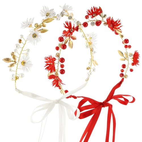 AEVBSOY 2 x Hochzeits-Haar-Accessoires für Mädchen, Blumenkranz mit Blumenperlen, Krone, Weinreben-Stirnband für Mädchen, Hochzeitstirnband, weiß, rot von AEVBSOY