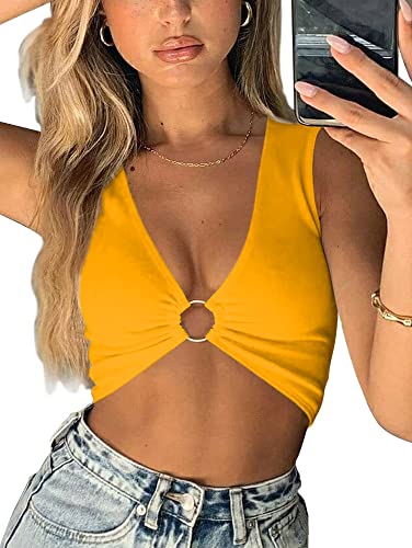 AEVZIV Sexy Crop Tops für Damen, ärmellos, tiefer V-Ausschnitt, Workout-Top, tiefer Ausschnitt, Dekolleté, bauchfreies Tanktop, gelb, Klein von AEVZIV