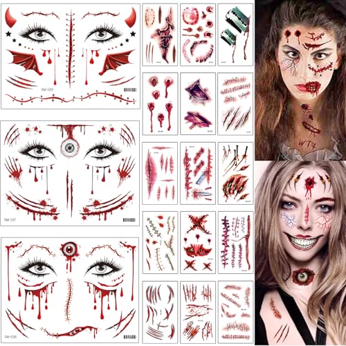 AEYAKA Halloween Scar Tattoos, 18 Sheets, Wound Tattoos, Temporary Scars, Adhesive Tattoos, Zombie, Blood Scratch Tattoos for Halloween Cosplay (Scars-6) von AEYAKA
