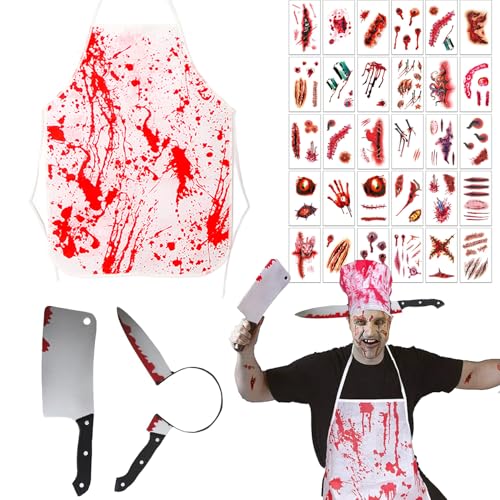 AEYAKA Metzger Halloween Kostüm Schlächter mit Blutiger Schürze, Blutigem Messer im Blutigen Kopf 30 Zombie Tattoo Aufkleber Kostüm Accessoire für Damen Herren Karneval, Cosplay, Masquerade AEYAKA Metzger Halloween Kostüm Schlächter mit Blutiger Schürze, Blutigem Messer im Blutigen Kopf 30 Zombie Tattoo Aufkleber Kostüm Accessoire für Damen Herren Karneval, Cosplay, Masquerade von AEYAKA
