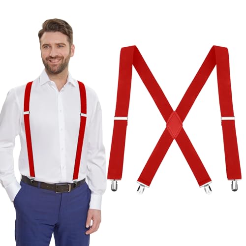 AEYURUID Herren Hosenträger Extra Stark 3,5cm Breit X-Form mit 4 Metall Clips - Elastisch & Verstellbar für Männer Damen Rot Ideal für Arbeitshose AEYURUID Herren Hosenträger Extra Stark 3,5cm Breit X-Form mit 4 Metall Clips - Elastisch & Verstellbar für Männer Damen Rot Ideal für Arbeitshose von AEYURUID