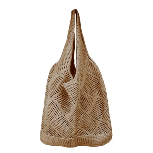 AEYURUID Strandtasche Damen – Häkeltasche Sommerbeutel mit Mesh-Netz Gross Tischtasche Tote Bag Beach Bag für Strand Urlaub Boho Design,Khaki von AEYURUID