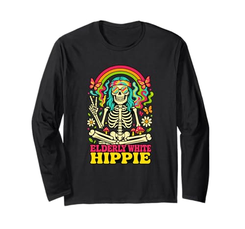 Ältere weiße Hippie Friedenszeichen Retro -Männer Frauen Langarmshirt von Ältere Hippie -Friedensretro -Verschleiß
