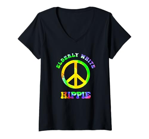 Damen Ältere weiße Hippie -Friedenszeichen Retro T-Shirt mit V-Ausschnitt von Ältere Hippie -Friedenszeichen Retro Wear