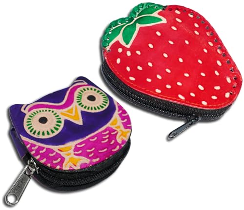 Handgefertigte Leder-Münztasche, Mini-Geldbörse, Geldbörse mit Reißverschluss, Mehrzweck-Weihnachtsgeschenk für Frauen und Mädchen, Erdbeere und violette Eule, Geldbörse / Mini-Tasche von AEspares