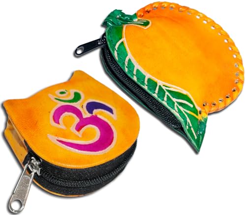 Handgefertigte Leder-Münztasche, Mini-Geldbörse, Geldbörse mit Reißverschluss, Mehrzweck-Weihnachtsgeschenk für Frauen und Mädchen, Gelbe Mango und gelbe Om, Geldbörse / Mini-Tasche von AEspares