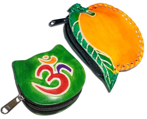 Handgefertigte Leder-Münztasche, Mini-Geldbörse, Geldbörse mit Reißverschluss, Mehrzweck-Weihnachtsgeschenk für Frauen und Mädchen, Gelbe Mango und grüne Om, Geldbörse / Mini-Tasche von AEspares