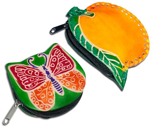 Handgefertigte Leder-Münztasche, Mini-Geldbörse, Geldbörse mit Reißverschluss, Mehrzweck-Weihnachtsgeschenk für Frauen und Mädchen, Gelbe Mango und grüner Schmetterling, Geldbörse / Mini-Tasche von AEspares