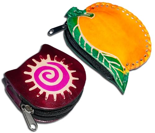 Handgefertigte Leder-Münztasche, Mini-Geldbörse, Geldbörse mit Reißverschluss, Mehrzweck-Weihnachtsgeschenk für Frauen und Mädchen, Gelbe Mango und kastanienbraune Sonne, Geldbörse / Mini-Tasche von AEspares