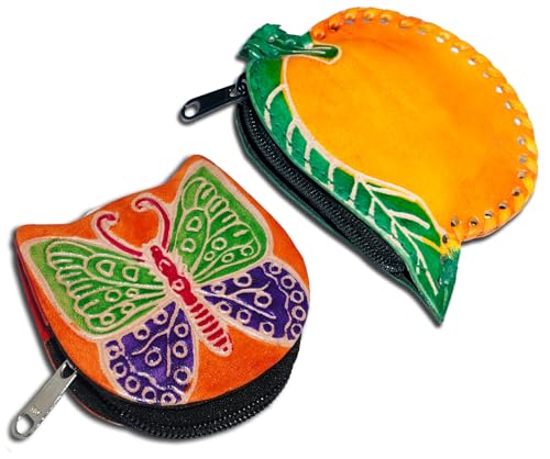 Handgefertigte Leder-Münztasche, Mini-Geldbörse, Geldbörse mit Reißverschluss, Mehrzweck-Weihnachtsgeschenk für Frauen und Mädchen, Gelbe Mango und orangefarbener Schmetterling, Geldbörse / von AEspares