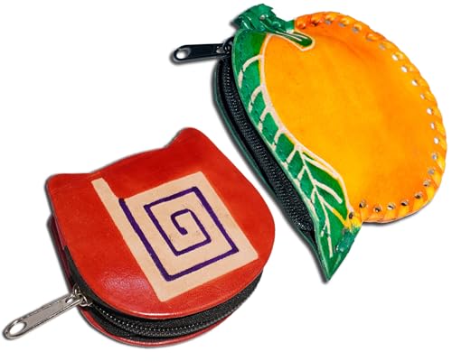 Handgefertigte Leder-Münztasche, Mini-Geldbörse, Geldbörse mit Reißverschluss, Mehrzweck-Weihnachtsgeschenk für Frauen und Mädchen, Gelbe Mango und rote Spirale, Geldbörse / Mini-Tasche von AEspares